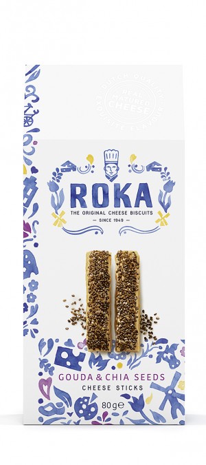 foto ROKA Sticks au fromage Gouda et graines de Chia Delft Blue 80g